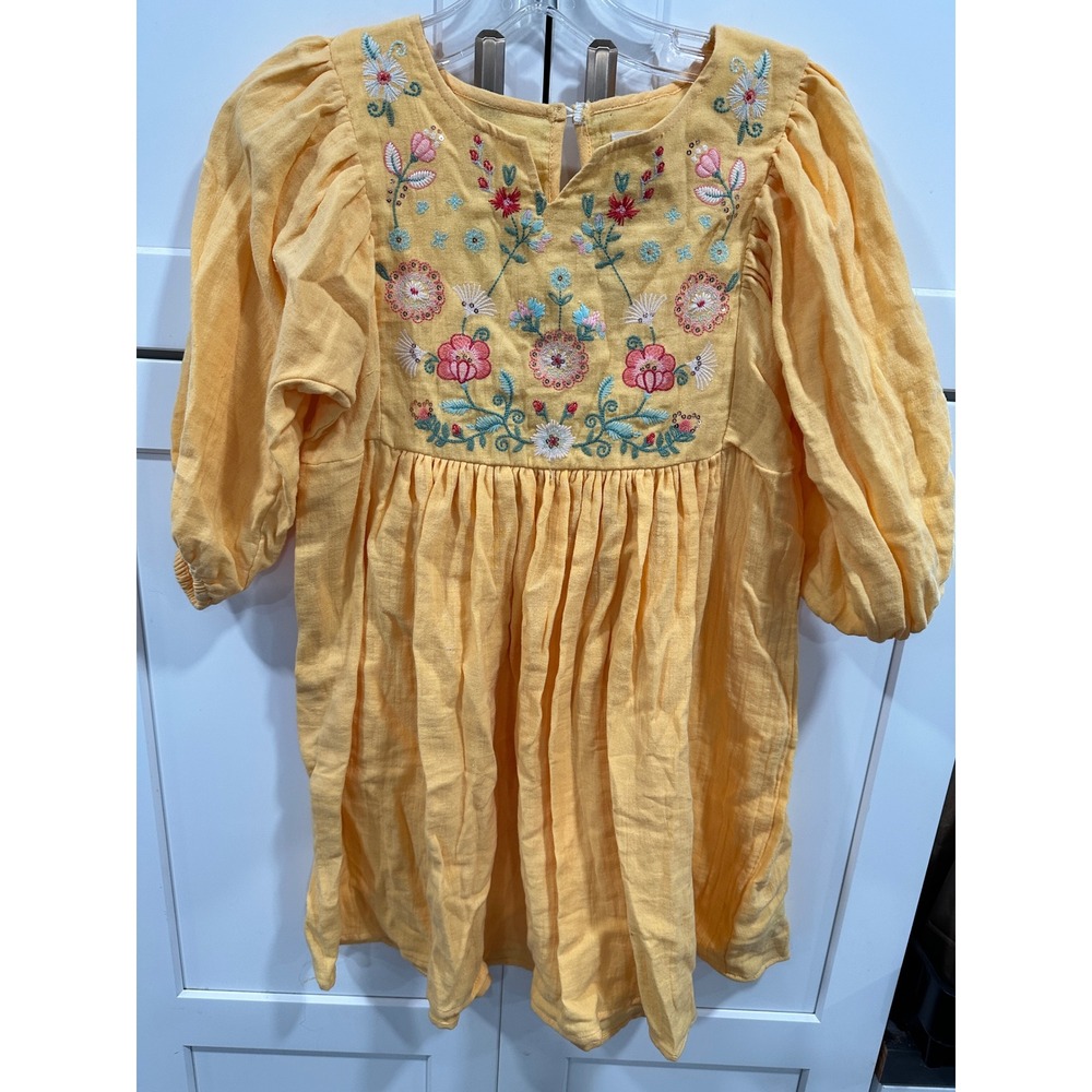 Peek Kids Yellow Embroidered Dress Girls Size 12 Floral Peasant‎ Puff Sleeve